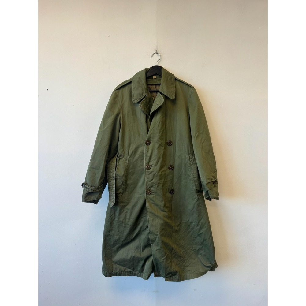 Vintage Army Trench Coat Mens Small Green Canvas Belted Military Double Breasted